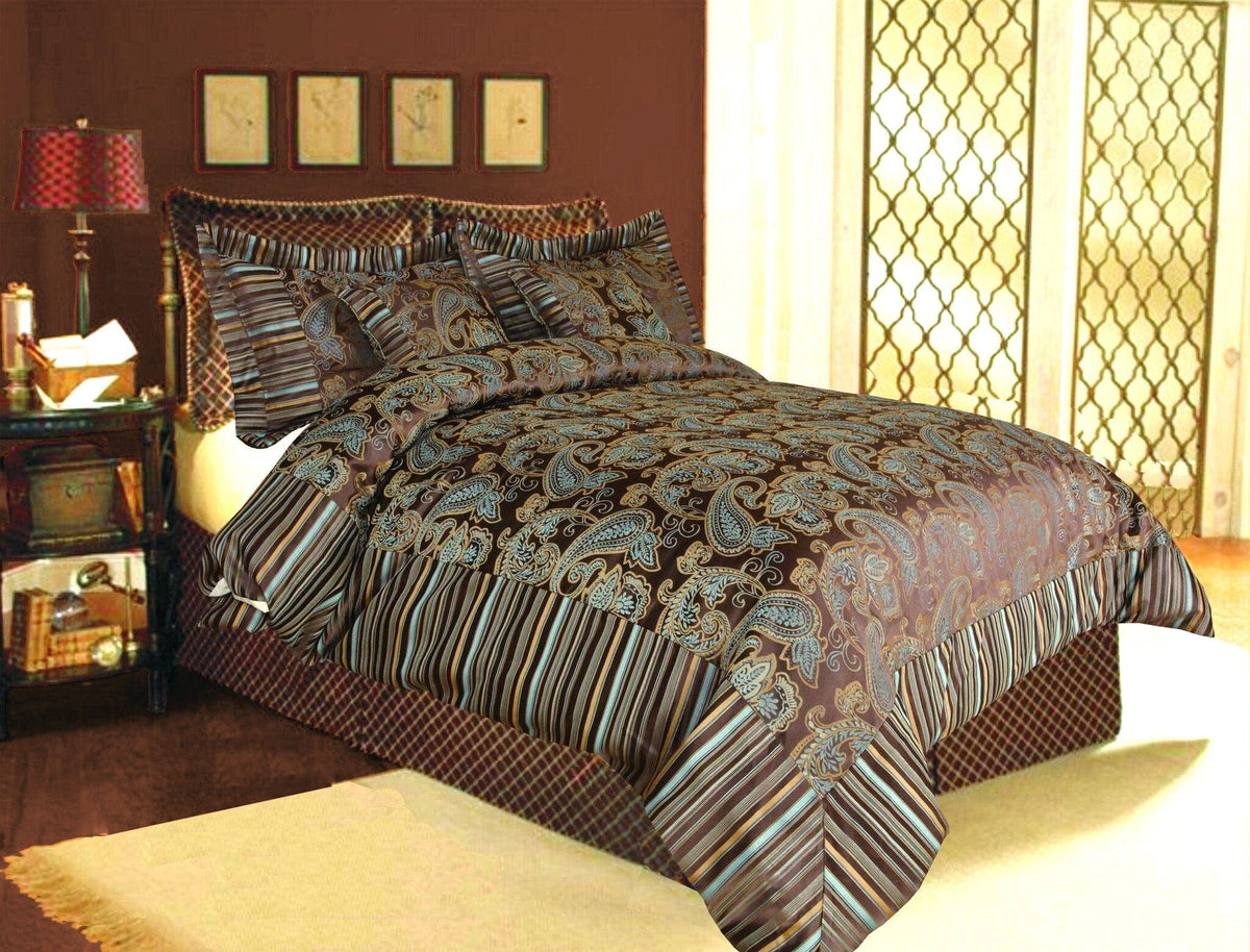 Brown and Blue Paisley Striped Comforter Set with Zipper Cover – view 6