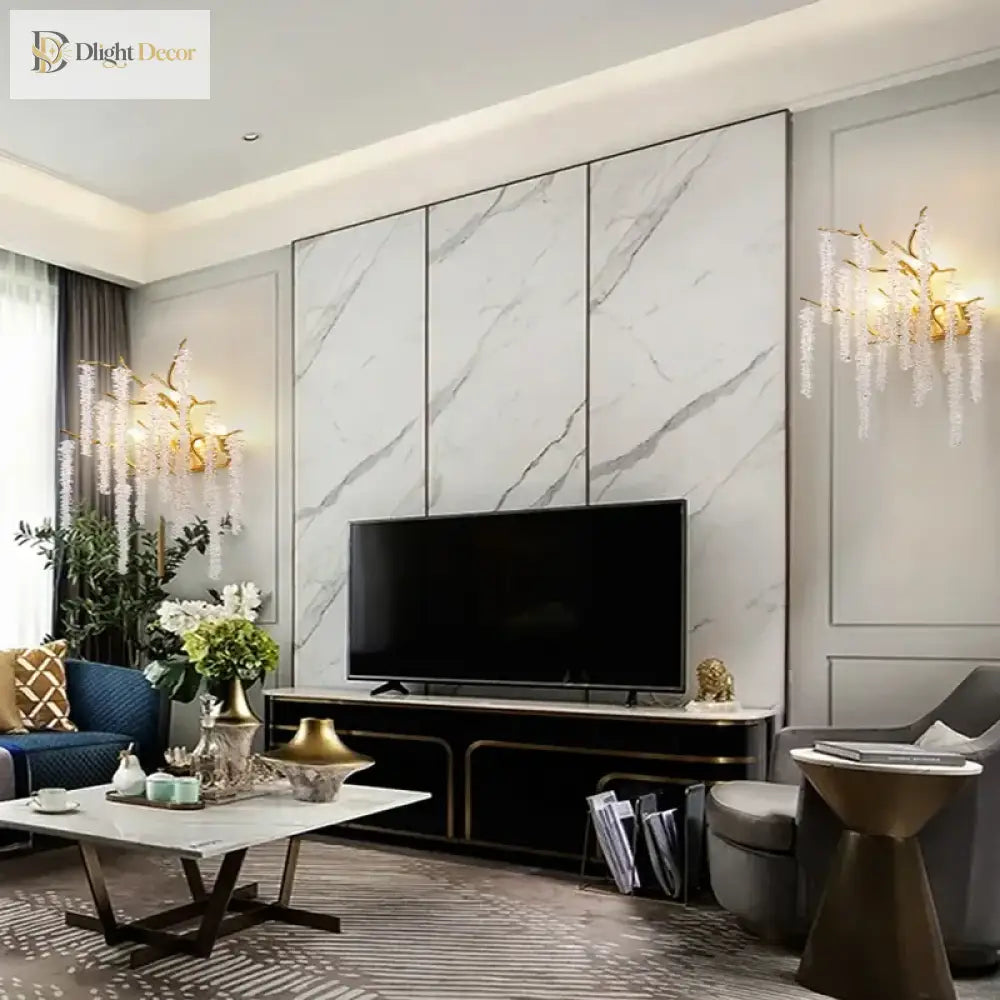 Crystal Cherry Blossom Wall Sconce – Gold Modern Bedroom and Hallway Light – view 2