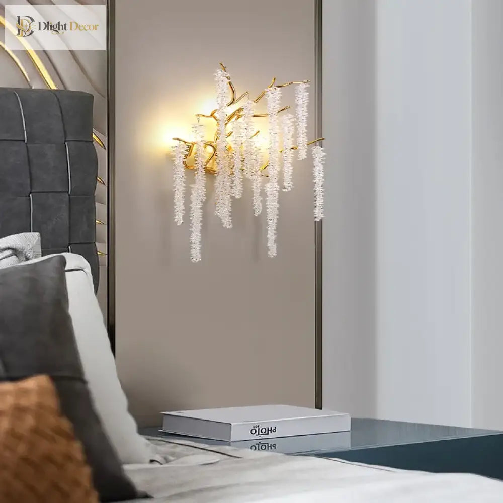 Crystal Cherry Blossom Wall Sconce – Gold Modern Bedroom and Hallway Light – view 4