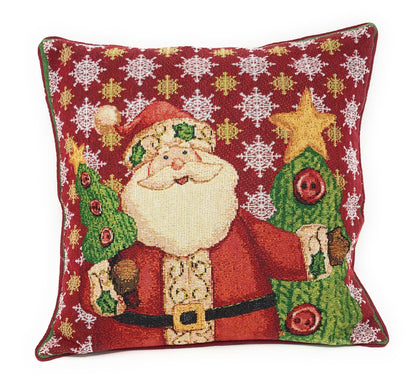 Polyester Cotton Blend Christmas Pillow Cover with Santa & Tree Motif