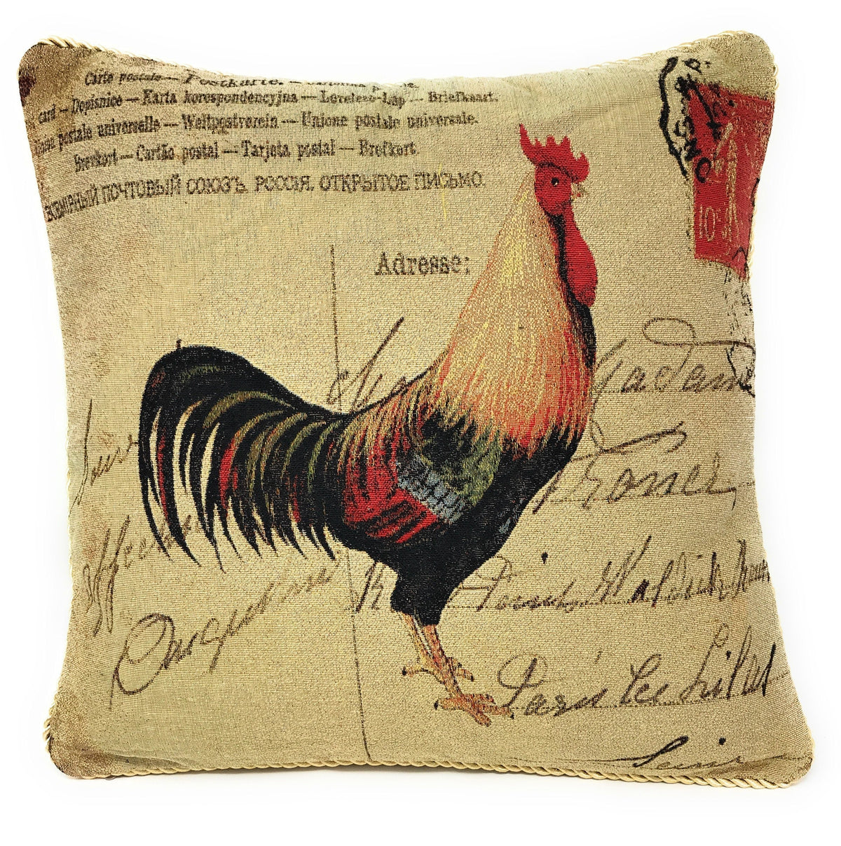 Cotton-Polyester Tapestry Woven Pillow Cover with Rooster Postcard