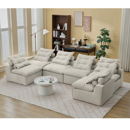 6-Piece Modular Sofa Set in Beige Corduroy with Neck and Waist Pillows – view 4