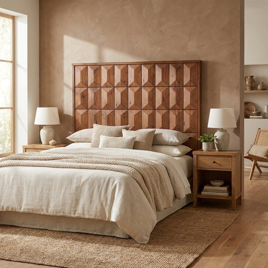Trig Oversized Geometric Pine Headboard in Aged Brown