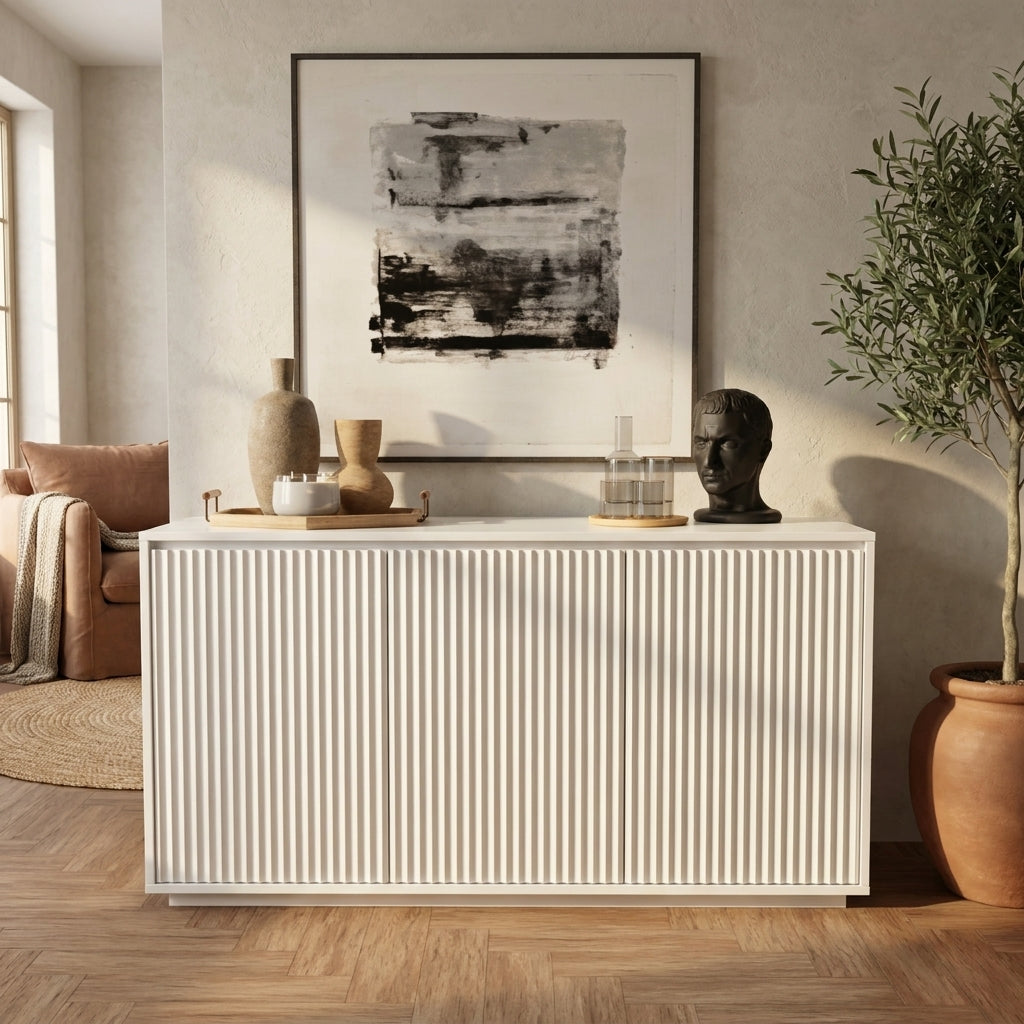 Blanca White Wood Sideboard with Three Scalloped Cabinets