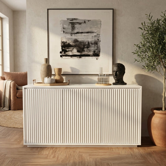 Blanca White Wood Sideboard with Three Scalloped Cabinets
