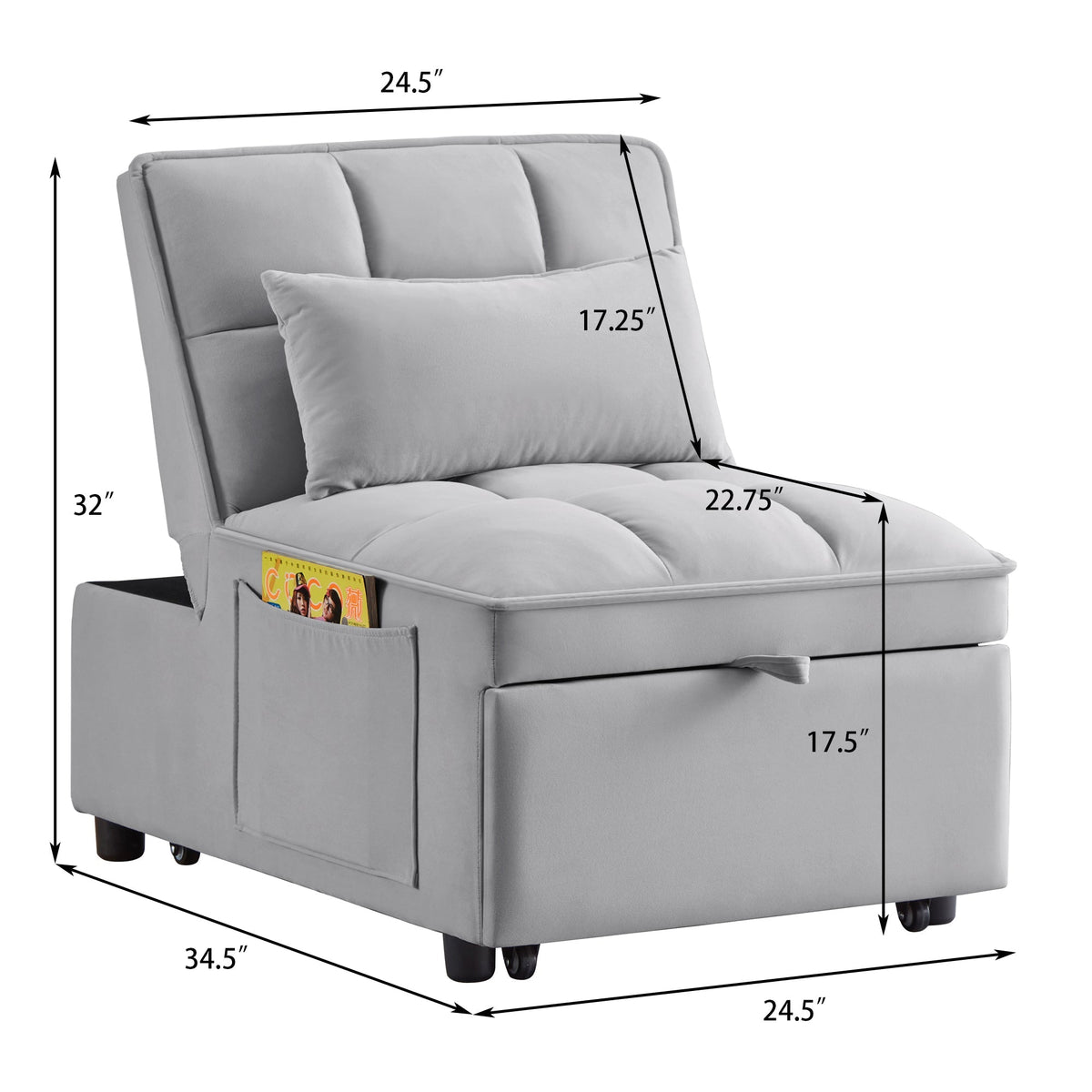 4-in-1 Convertible Gray Velvet Single Sofa Bed with Adjustable Backrest – view 12
