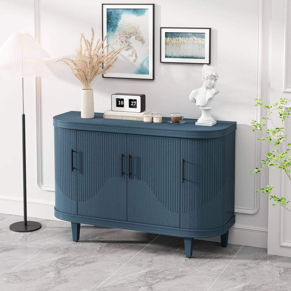 Curved Wooden Sideboard Console Table with Adjustable Shelves, Blue – view 4