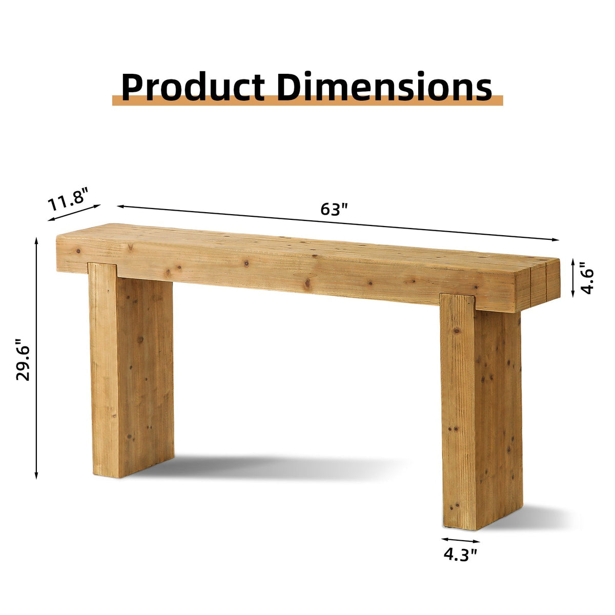 63" Solid Wood Rustic Farmhouse Console Table, Natural Wood – view 4