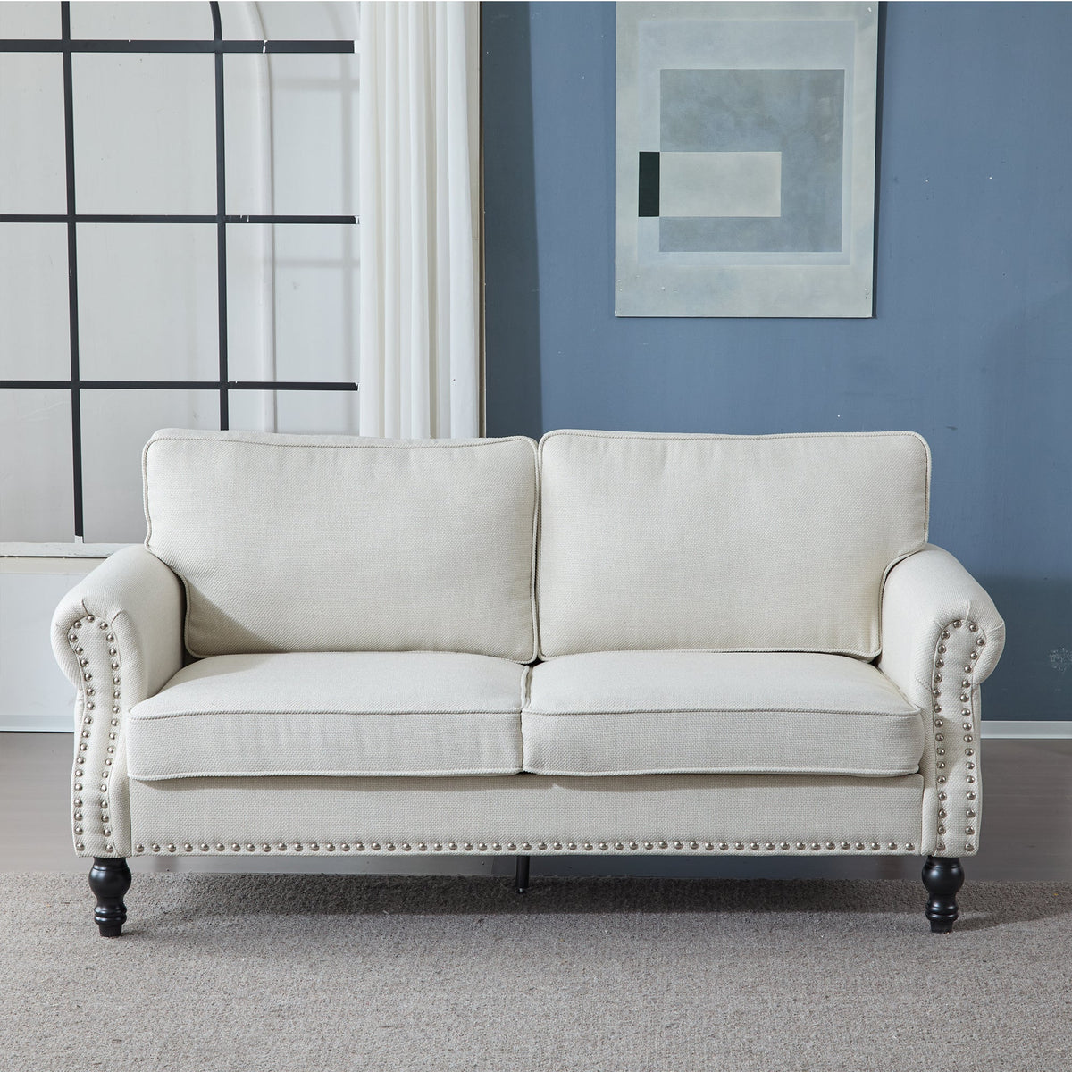 68 Inch Beige Faux Leather Rolled Arm Sofa with Nailhead Trim – view 2
