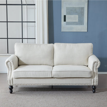 68 Inch Beige Faux Leather Rolled Arm Sofa with Nailhead Trim – view 2
