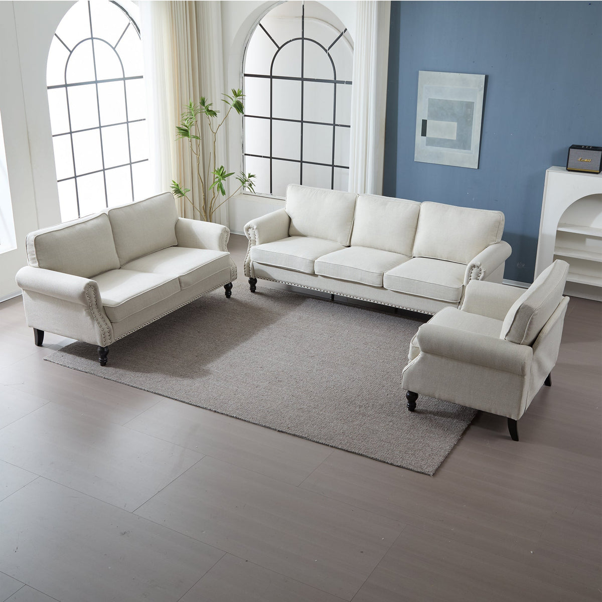 68 Inch Beige Faux Leather Rolled Arm Sofa with Nailhead Trim – view 5
