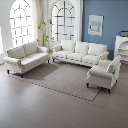 68 Inch Beige Faux Leather Rolled Arm Sofa with Nailhead Trim – view 5