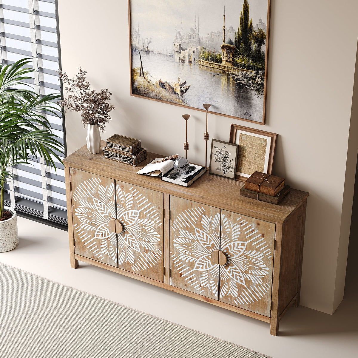 60 Inch Antique Brown and White Wood Accent Cabinet with 4 Doors – view 4