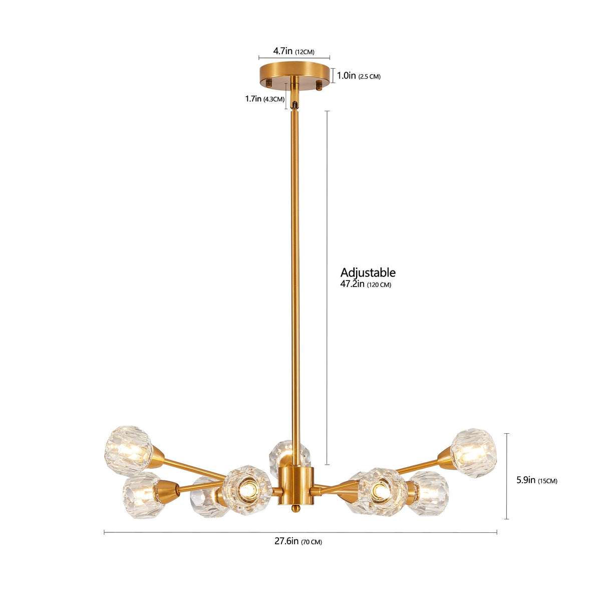 28" Modern Low-Profile Crystal Chandelier with 9 Lights, Gold – view 10