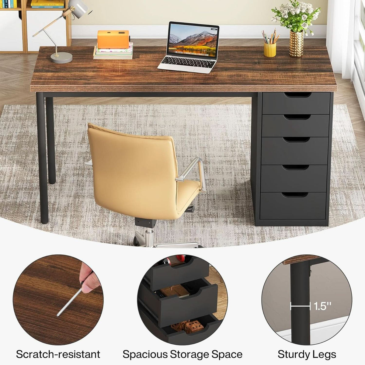 47-Inch Rustic Brown Computer Desk with 5 Drawers – view 9
