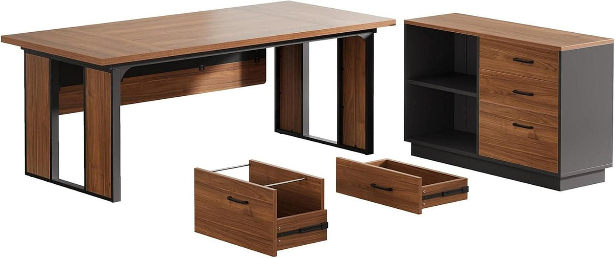 63 Inch L-Shaped Executive Desk with File Cabinet and Storage Shelves – view 9