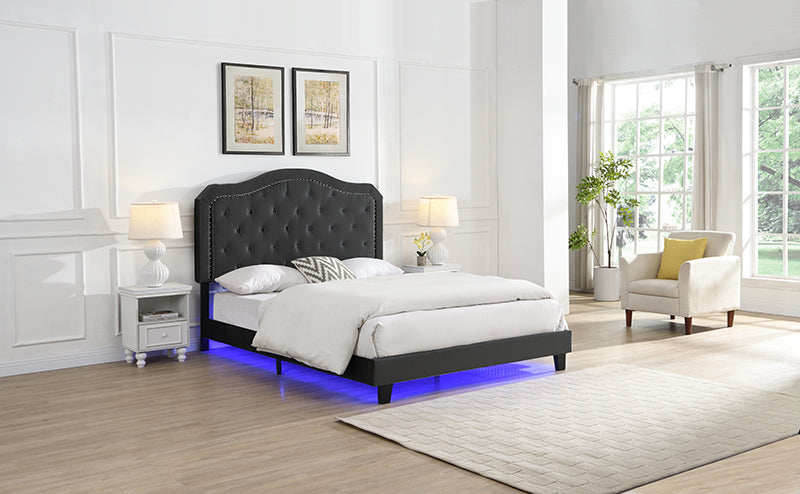 Queen Velvet Upholstered Bed with Button-Tufted Curved Headboard and LED – view 4