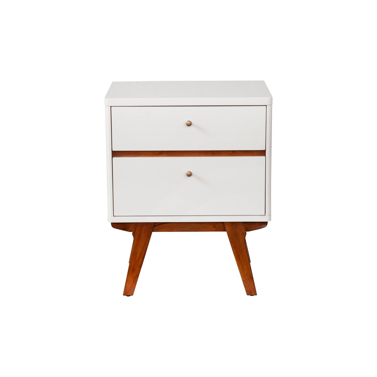 Dakota Mid-Century 2-Drawer Nightstand in White with Acorn Accents – view 4