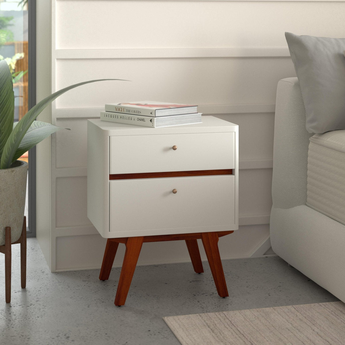 Dakota Mid-Century 2-Drawer Nightstand in White with Acorn Accents – view 2