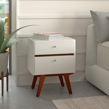 Dakota Mid-Century 2-Drawer Nightstand in White with Acorn Accents – view 2
