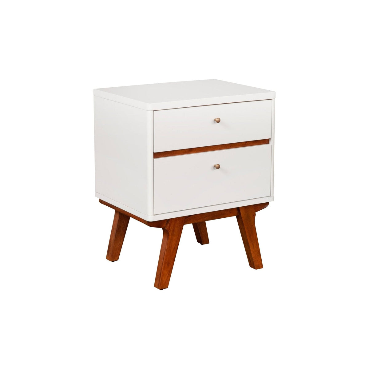 Dakota Mid-Century 2-Drawer Nightstand in White with Acorn Accents – view 3
