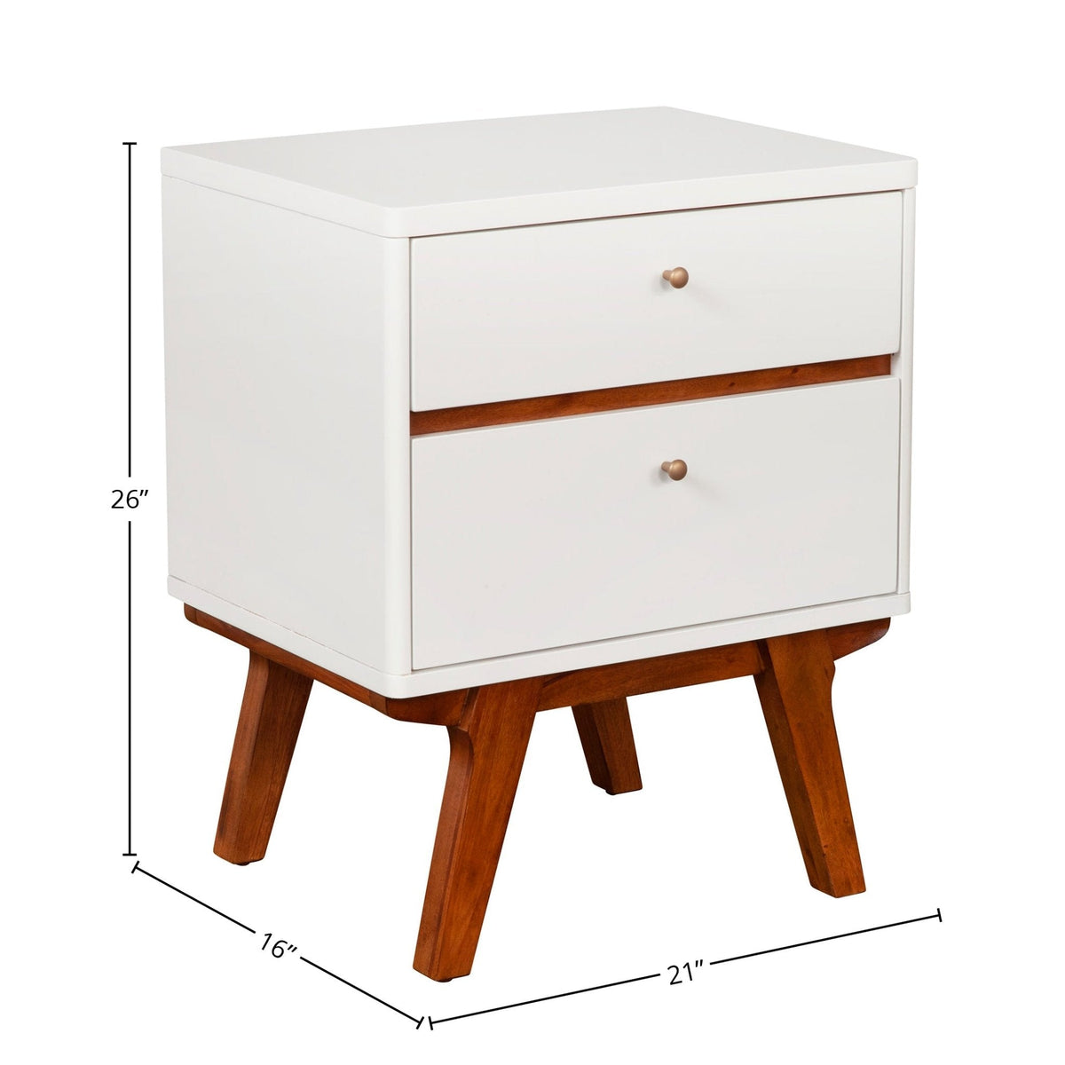 Dakota Mid-Century 2-Drawer Nightstand in White with Acorn Accents – view 8