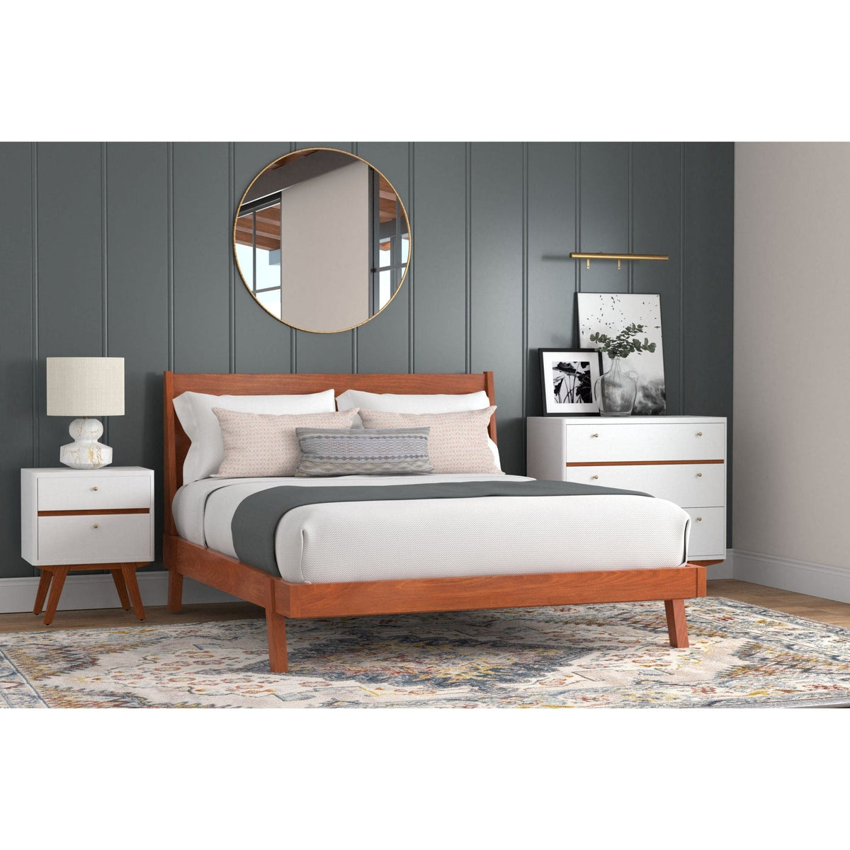 Dakota Mid-Century 2-Drawer Nightstand in White with Acorn Accents – view 6