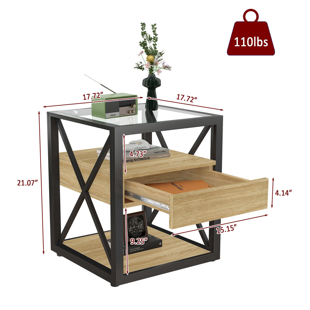 Modern X-Frame End Tables with Drawer and Glass Top, Set of 2 – view 5