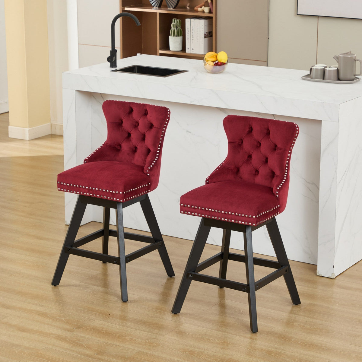 Wine Red Velvet Swivel Bar Stools with Button Tufting, Set of 2 – view 19