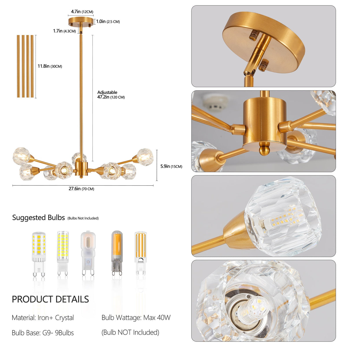 28" Modern Low-Profile Crystal Chandelier with 9 Lights, Gold – view 8