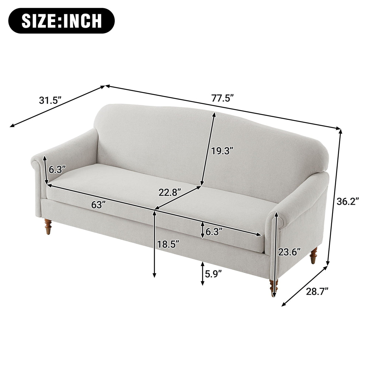 Rolled Arm 2-Seater Loveseat Sofa in Gray or Dark Gray Fabric – view 8
