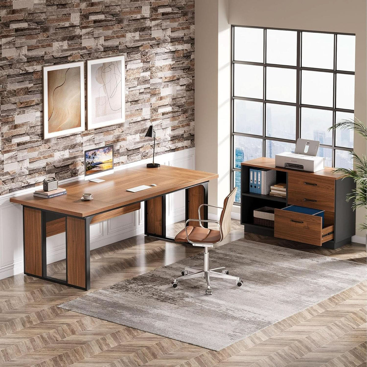 63 Inch L-Shaped Executive Desk with File Cabinet and Storage Shelves – view 5