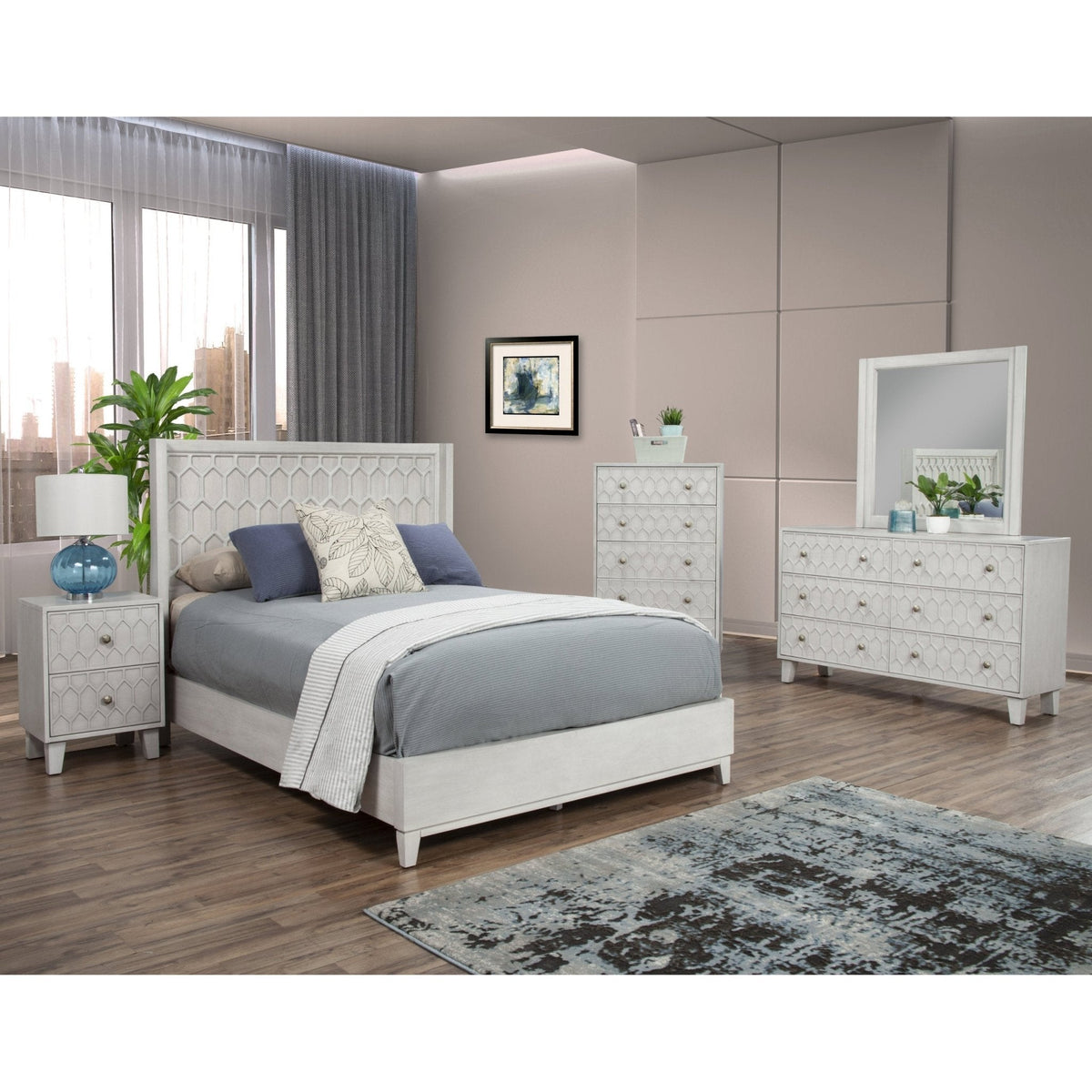 Denver Wood Panel Bed with Honeycomb Headboard