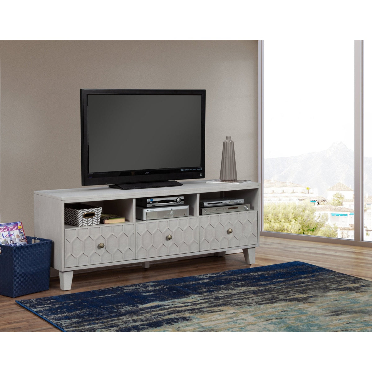 Mahogany TV Console with Honeycomb Design and Storage Drawers