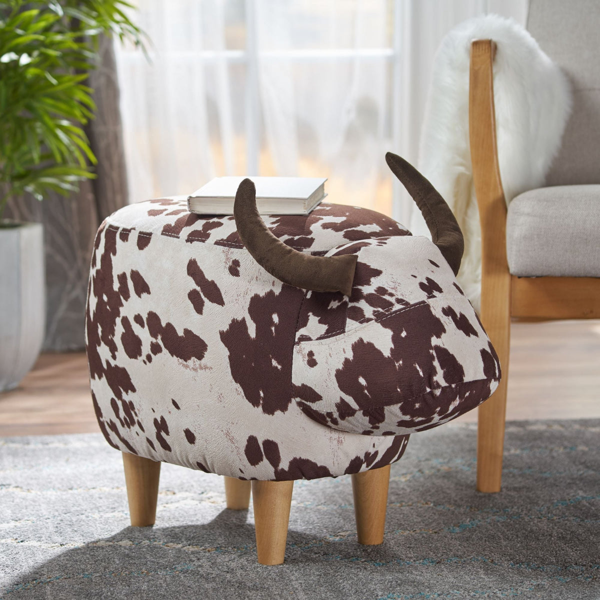 Cow-Shaped Ottoman Footstool in Fabric and Wood, Black or Dark Brown – view 8