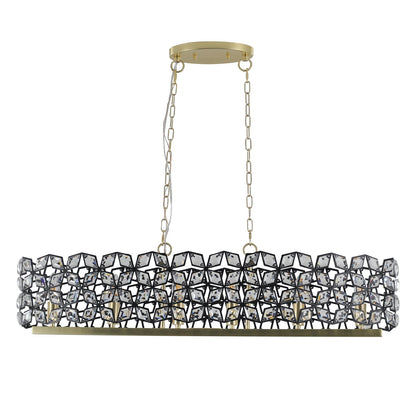 Black and gold K9 crystal linear pendant chandelier above a modern dining table