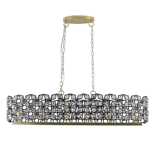 Black and gold K9 crystal linear pendant chandelier above a modern dining table