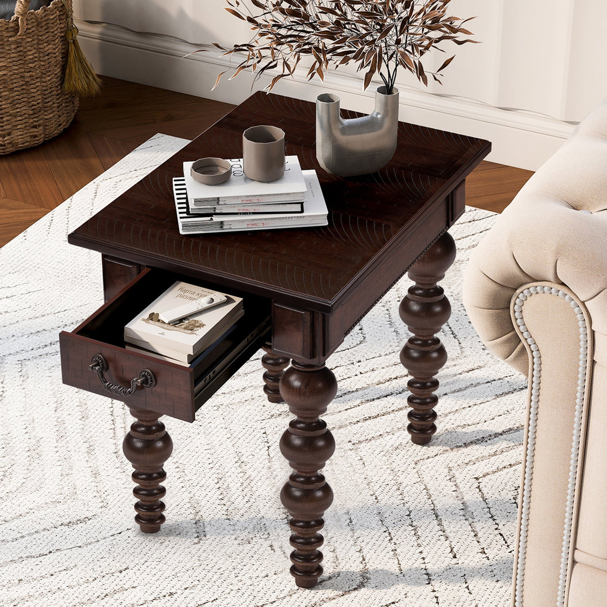 Espresso Wood End Table with Drawer and Turned Spindle Legs – view 2