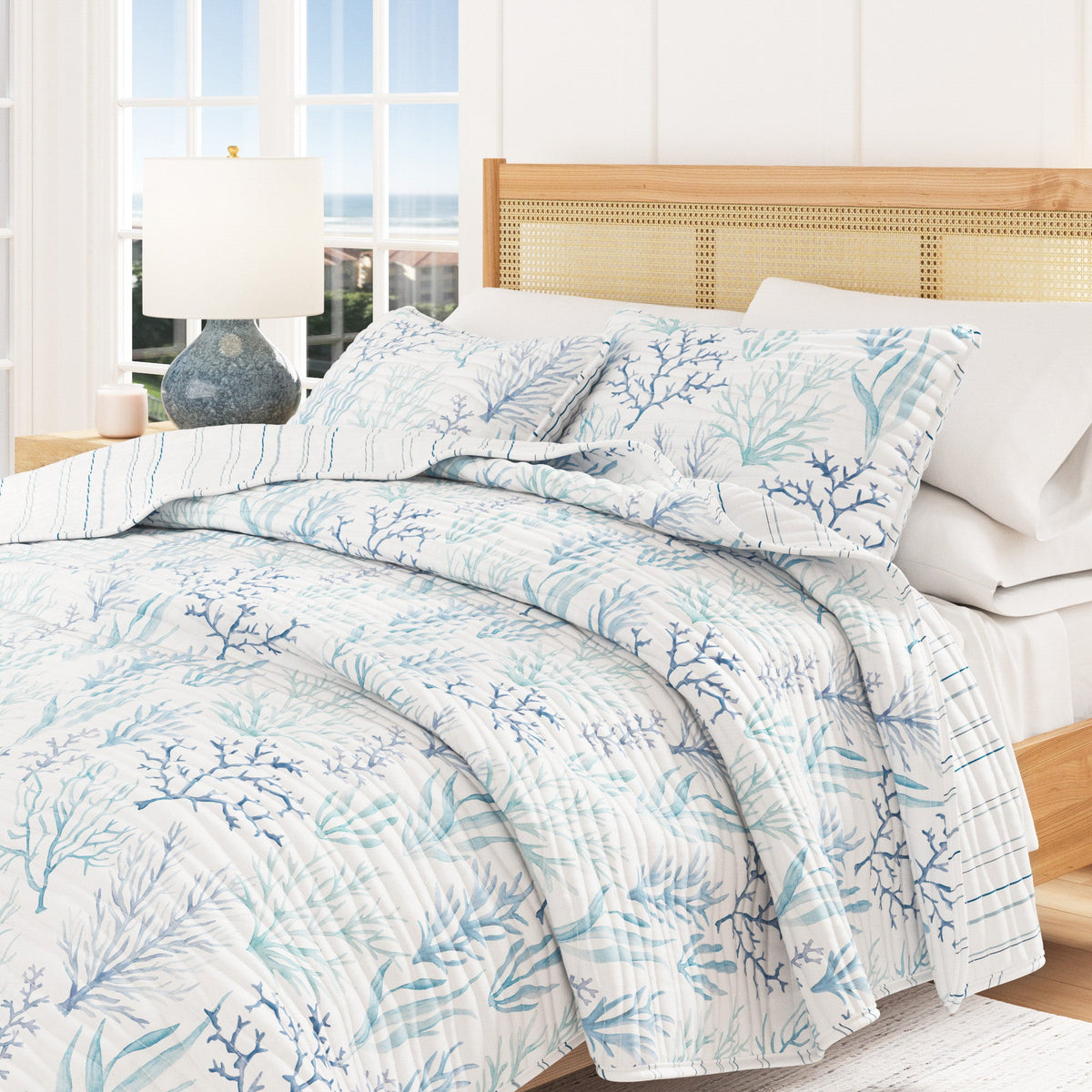 Amelia Island Blue Watercolor Coral Microfiber Quilt Set – view 6