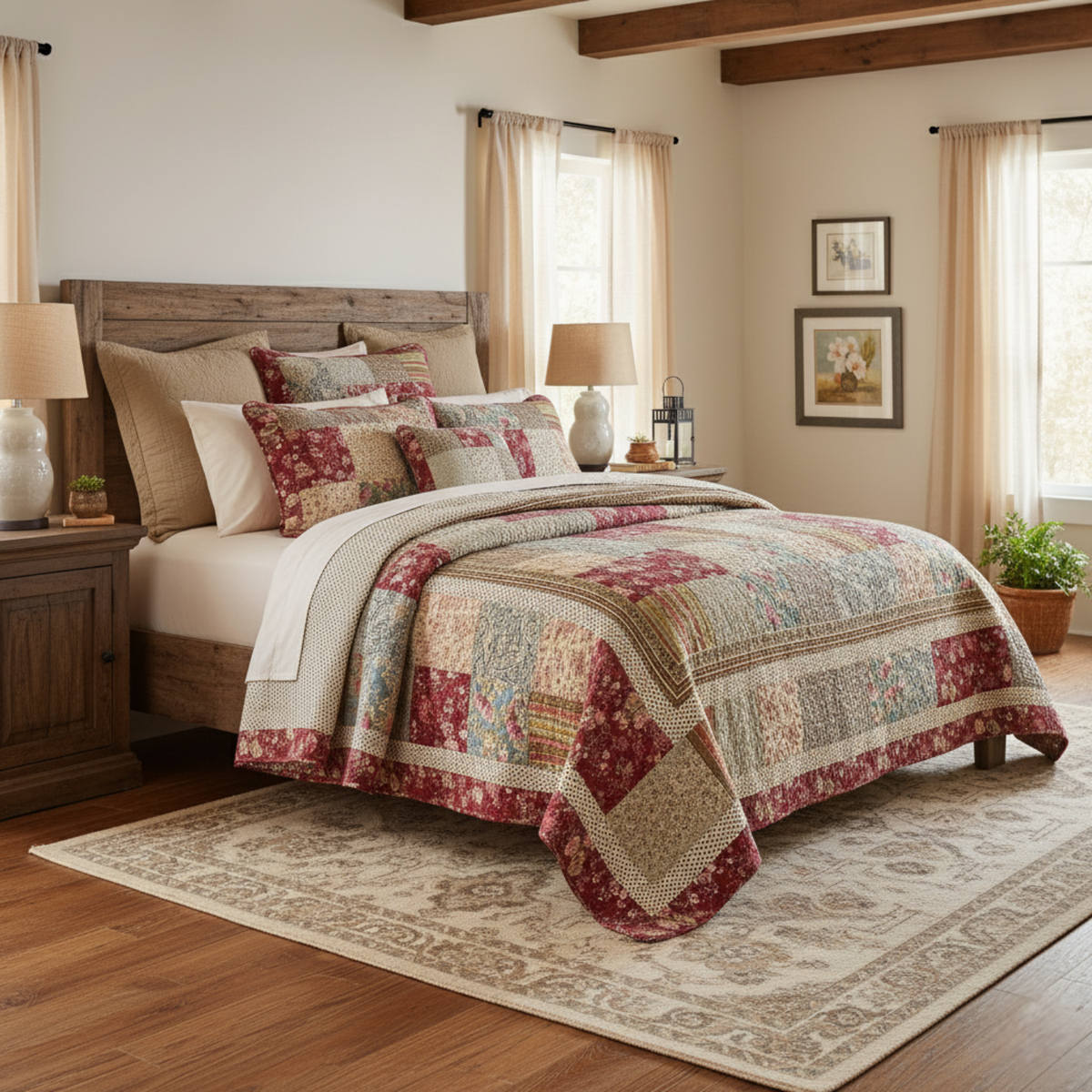 Fairy Tale Tea Party Beige and Burgundy Cotton Patchwork Quilt Set – view 2