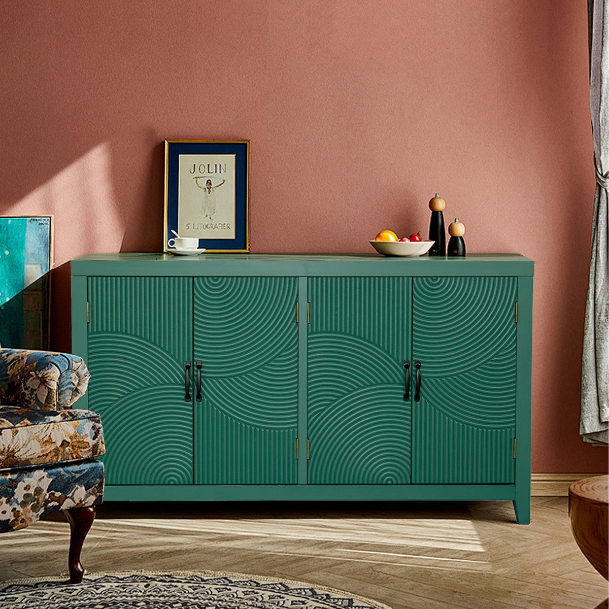 59 Inch Dark Green Mid-Century Modern Accent Cabinet with 4 Doors – view 5