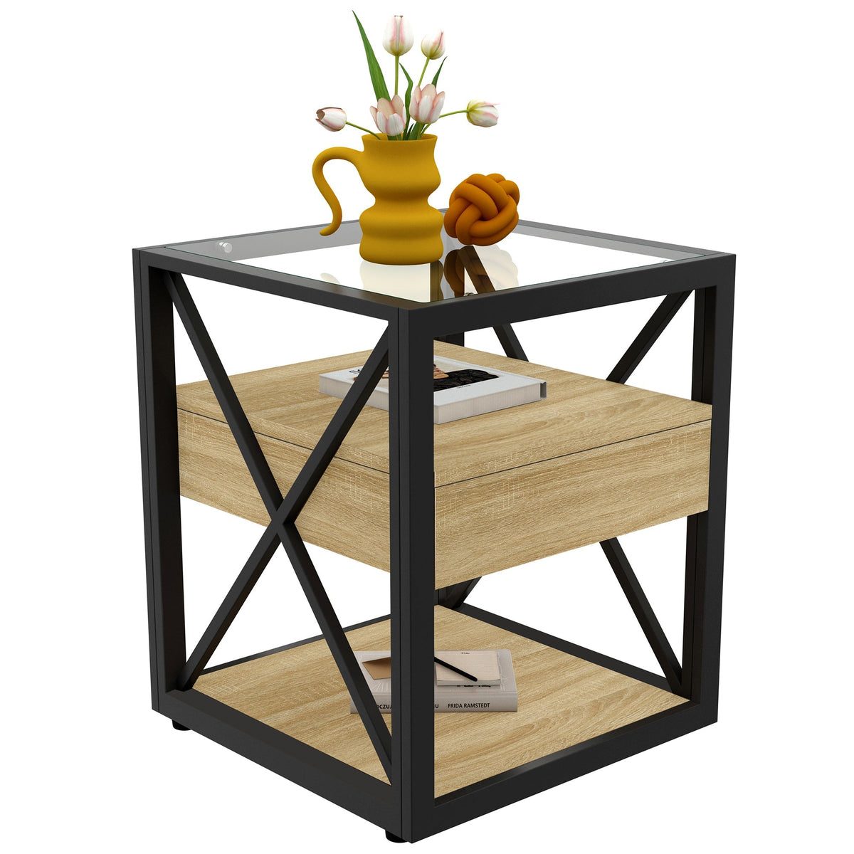 Modern 3-Tier End Table with Drawer and Tempered Glass Top – view 9