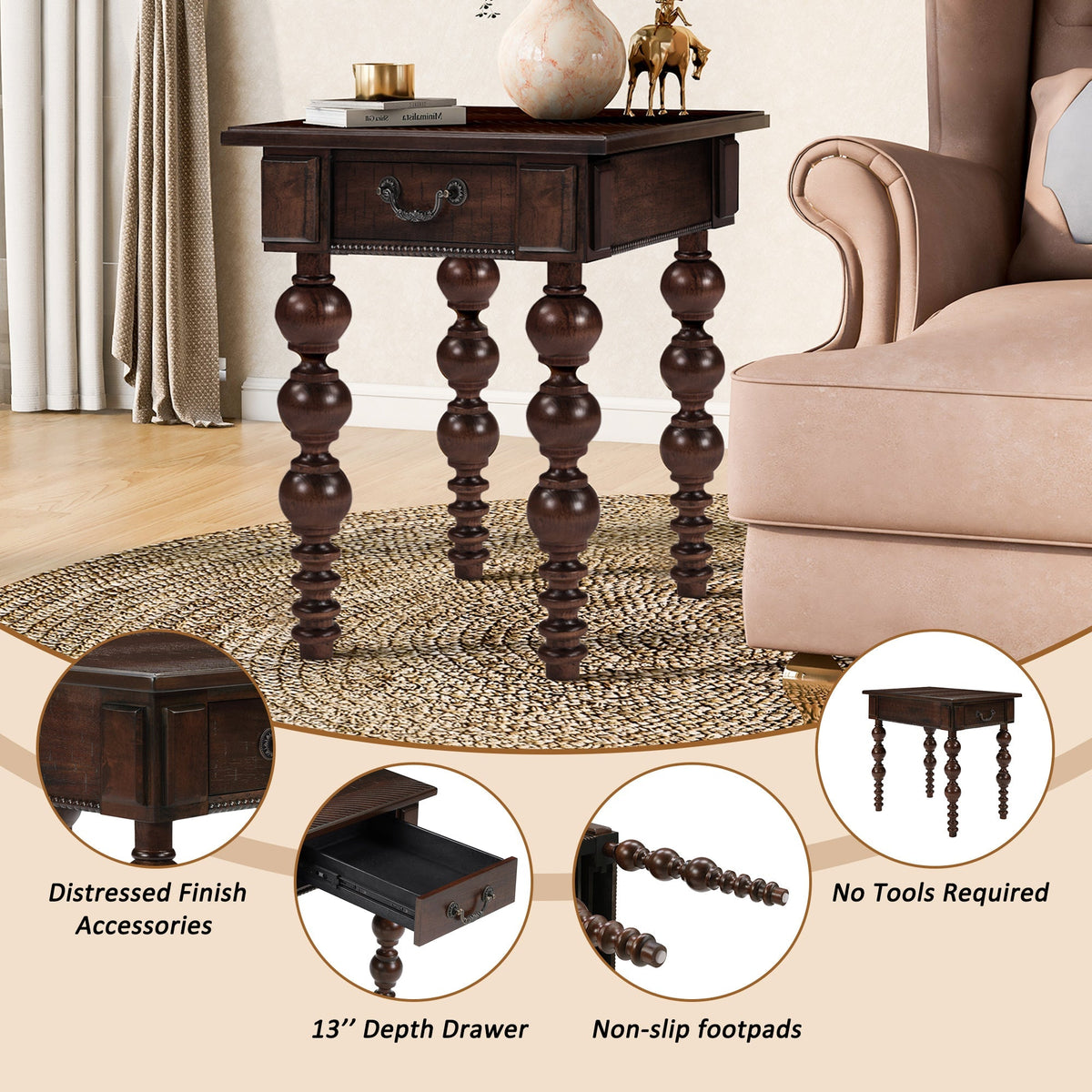 Espresso Wood End Table with Drawer and Turned Spindle Legs – view 7