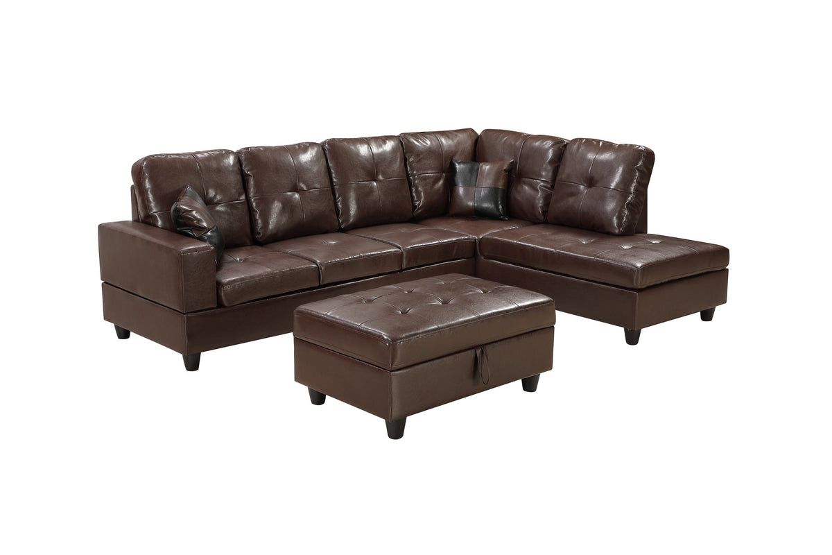 3-Piece Brown Faux Leather Sectional Sofa with Chaise and Ottoman – view 5