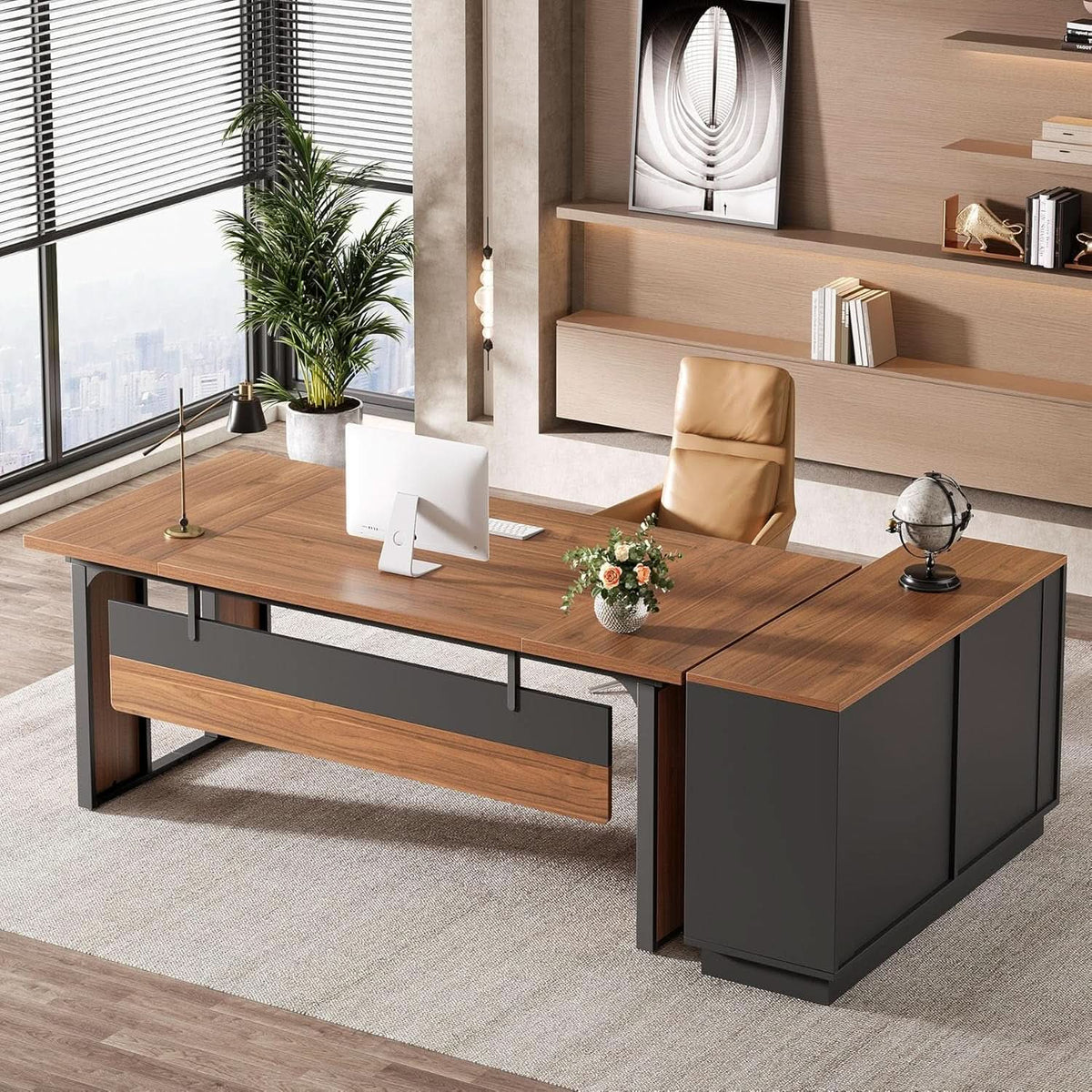 63 Inch L-Shaped Executive Desk with File Cabinet and Storage Shelves – view 8