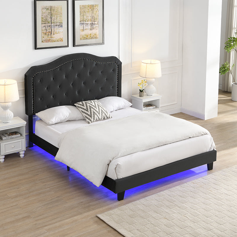 Queen Velvet Upholstered Bed with Button-Tufted Curved Headboard and LED – view 2