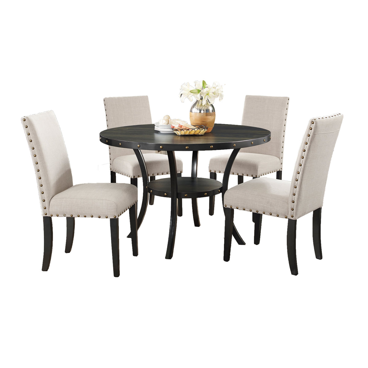 Espresso Round 5-Piece Dining Set with Tan Nailhead Chairs – view 2