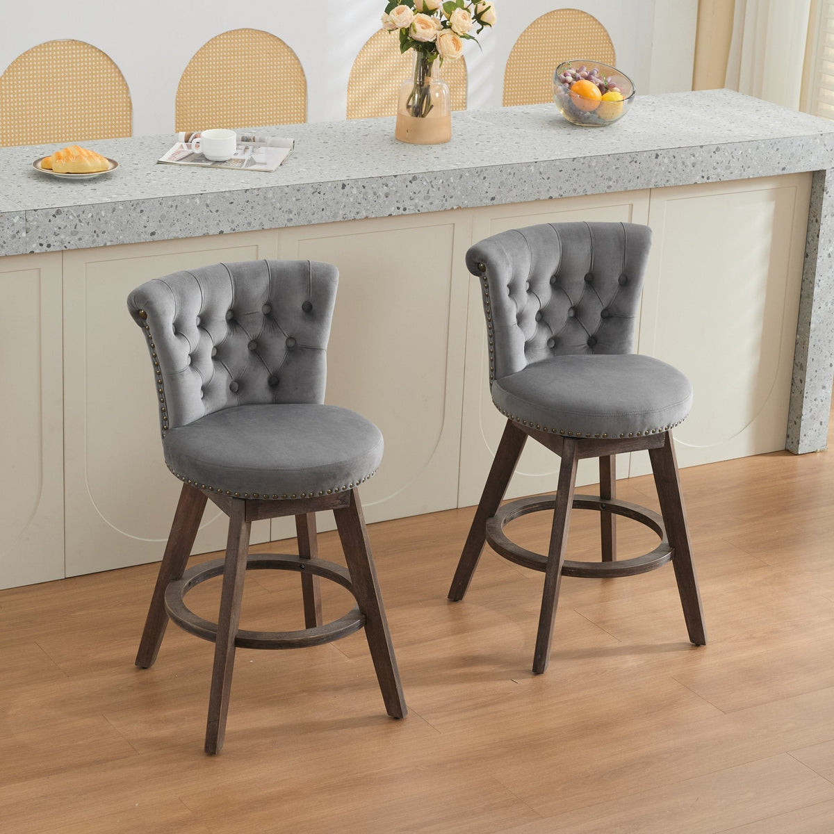 26" Gray Velvet Swivel Counter Height Bar Stools, Set of 2 – view 15