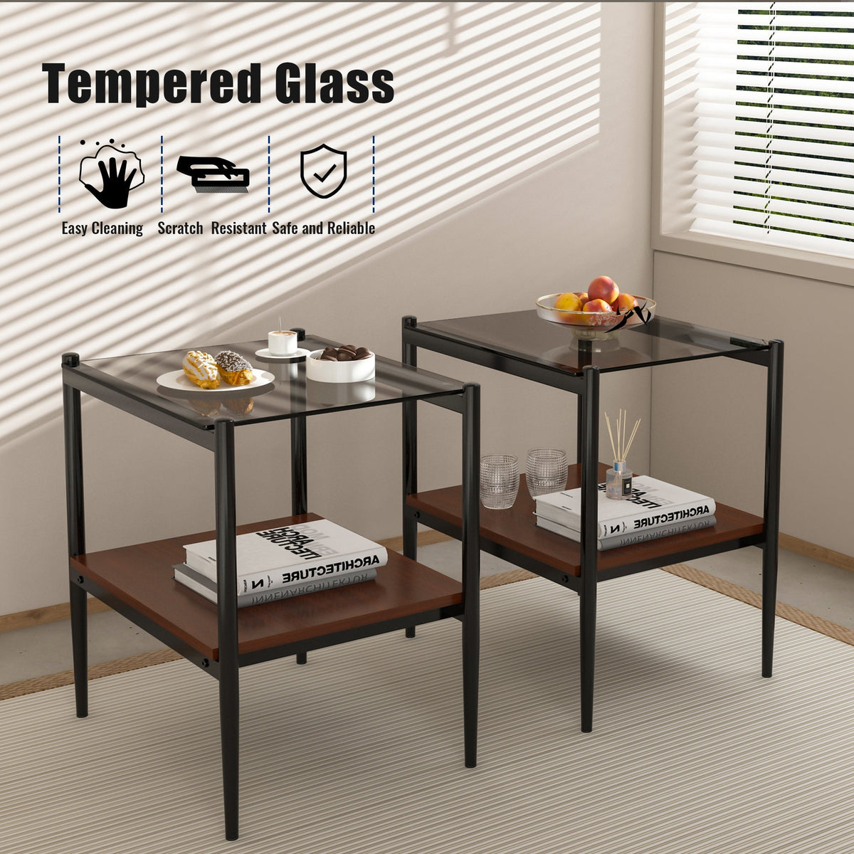 Rectangle End Tables with Gray Tempered Glass Tops, Set of 2 – view 6