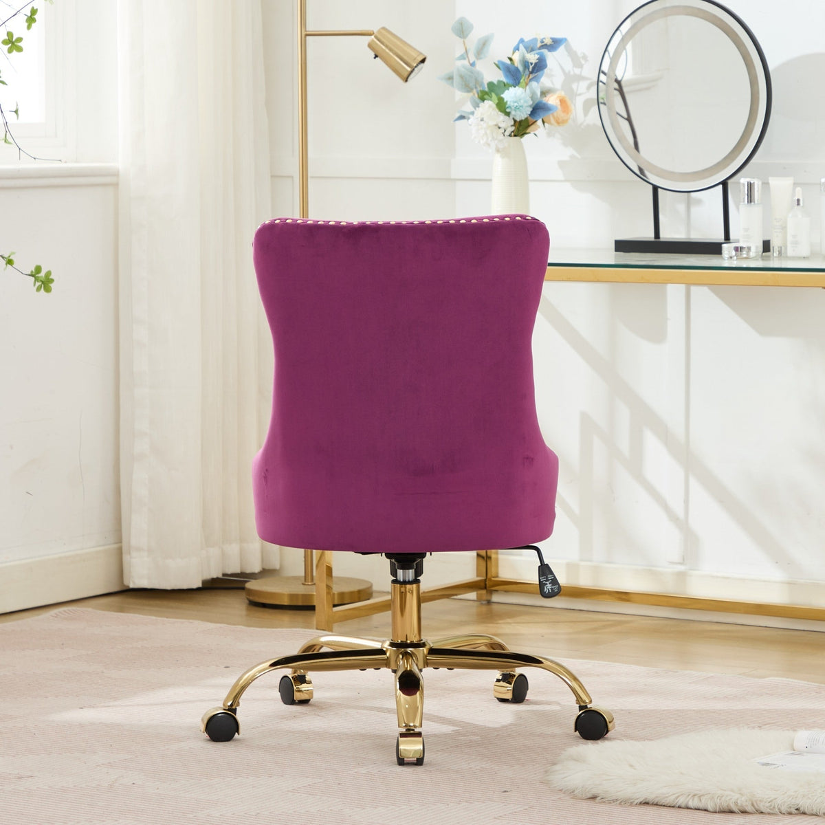 Purple Velvet Tufted Office Chair with Gold Accents and Nailhead Trim – view 18